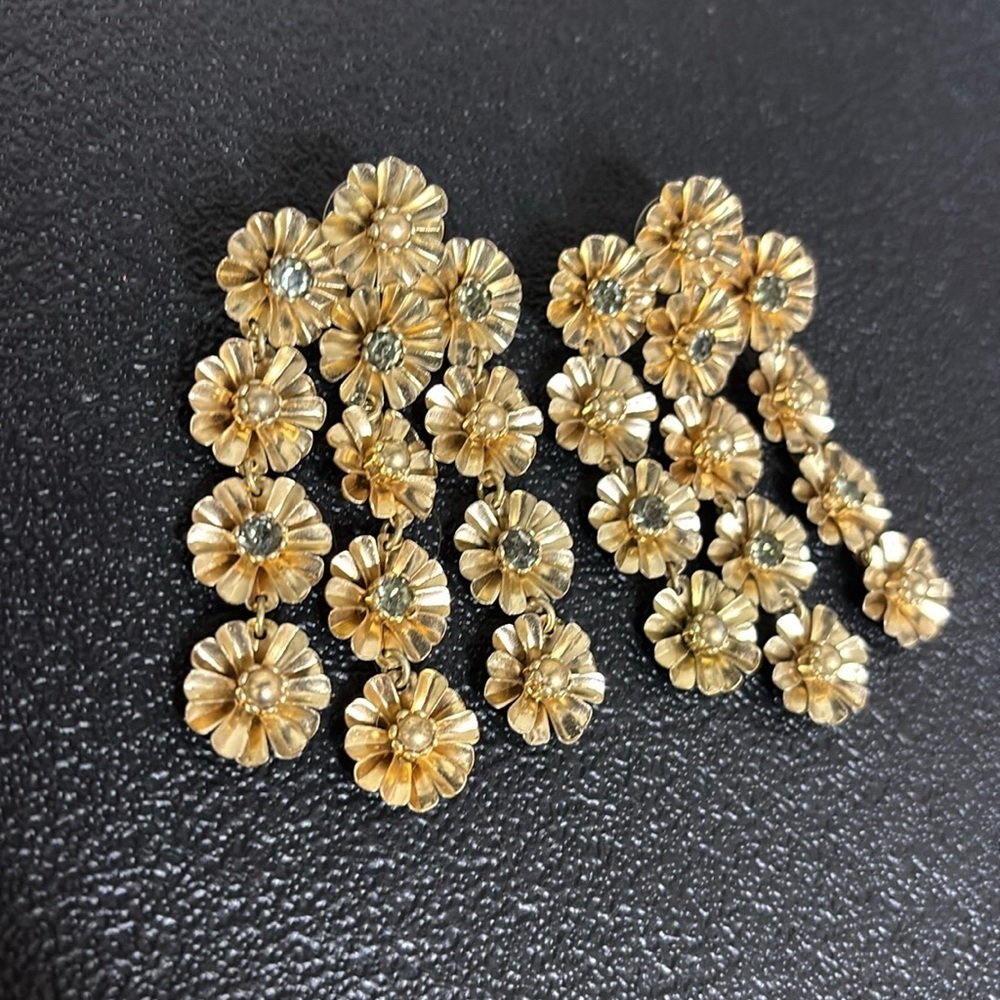 Fanned Floral Gold Tone Rhinestone Dangle Statement Folklore